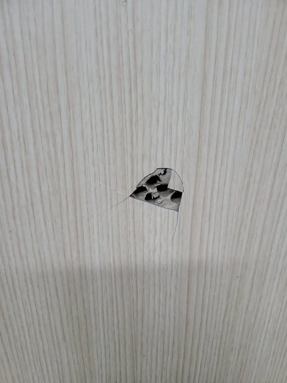 베이지색 화장실문 가운데 위쪽에 작게 깨져 속이 보이는 구멍