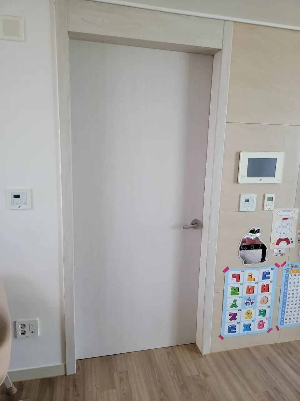 새 ABS 방문으로 교체를 마친 문 — 손잡이와 문틀이 맞게 닫힌 모습